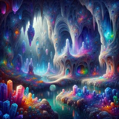 The primary subject of the image is a cave with a colorful, vibrant atmosphere. The cave is filled with various crystals and gems, creating a visually stunning scene. The setting is a dark, underground environment, with the cave's walls and ceiling adorned with colorful, glowing crystals. The visual style of the image is digital art, with the cave and its crystals depicted in a vivid, detailed manner. The colors and mood of the image are lively and energetic, with the bright colors of the crystals and the overall dark, mysterious ambiance of the cave.